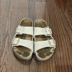 Birkenstock gold beige print Arizona strappy slip on sandals 7